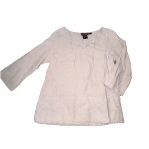 Mac & Jac Medium Boxy V Neck Tie 3/4 Sleeve Shirt Dusty Pink 100% Linen‎ Minimal